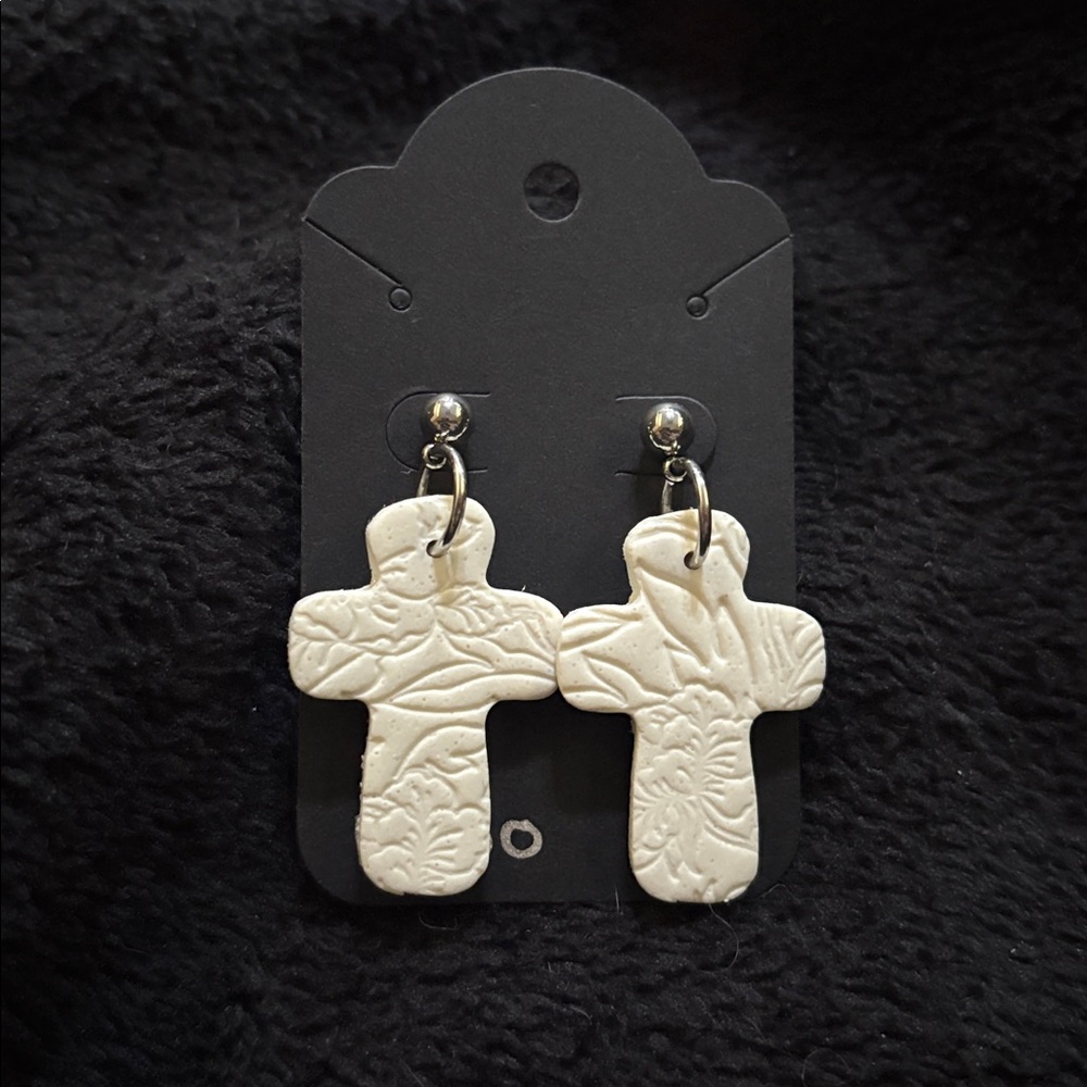 Sparkly White Floral Imprinted Cross Polymer Clay Earrings